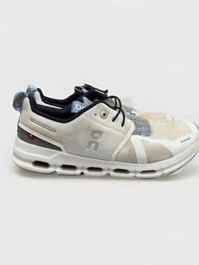 On Running Kids Cloud Sky Athletic Running Sneaker in White With Blue Detail
